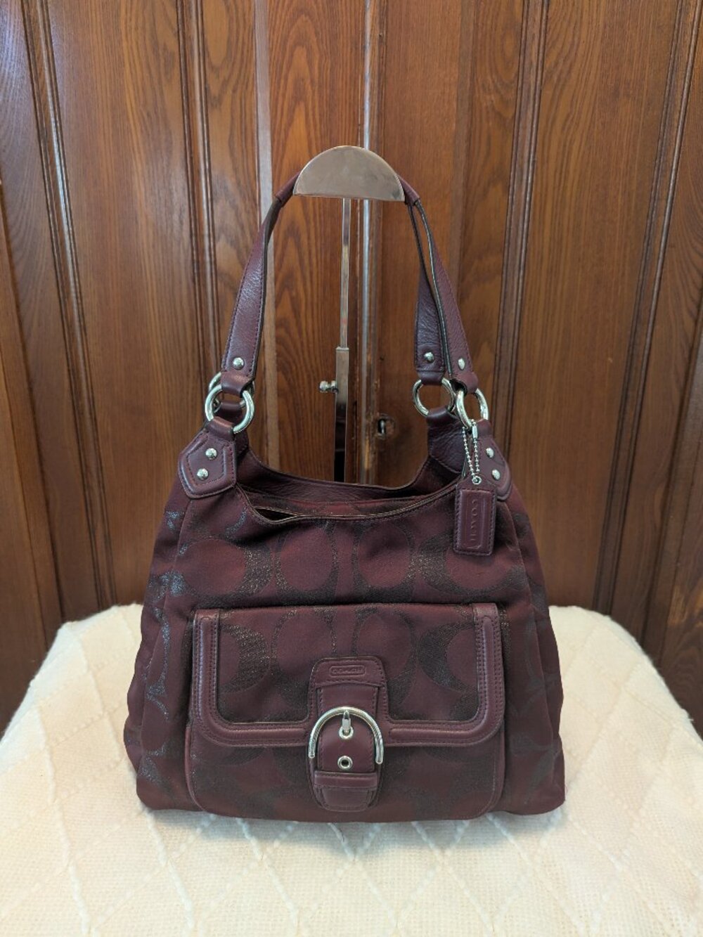 Coach Campbell F26245 Burgundy Signature Metallic Hobo Bag Burgundy